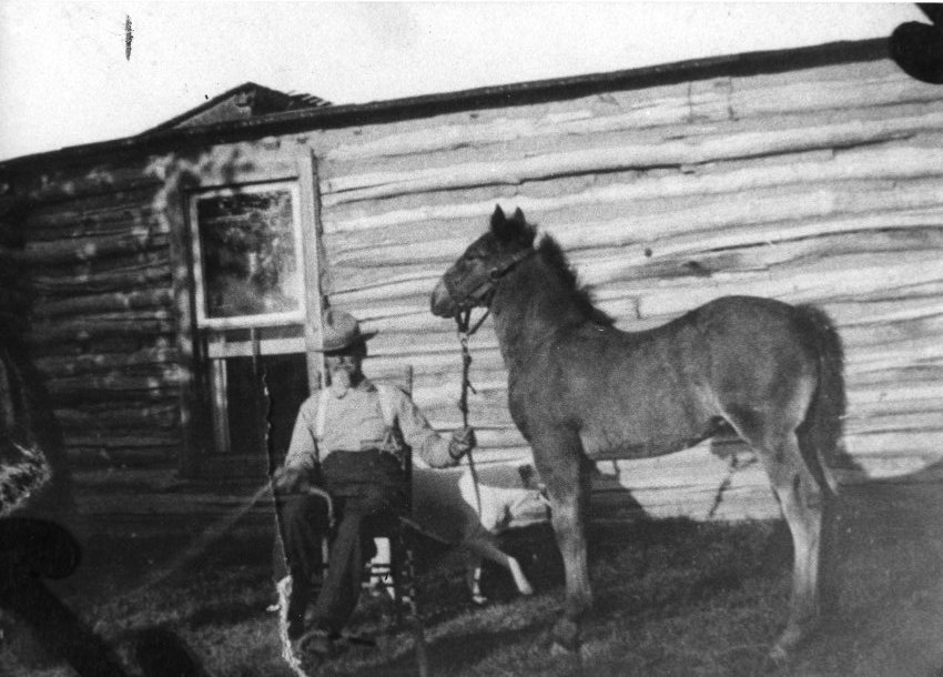 Old black and white photo and a man sitting outside his home holding his horse