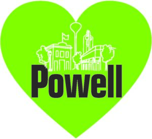 A green heart with a drawing of Powell in it with the word Powell below the drawing