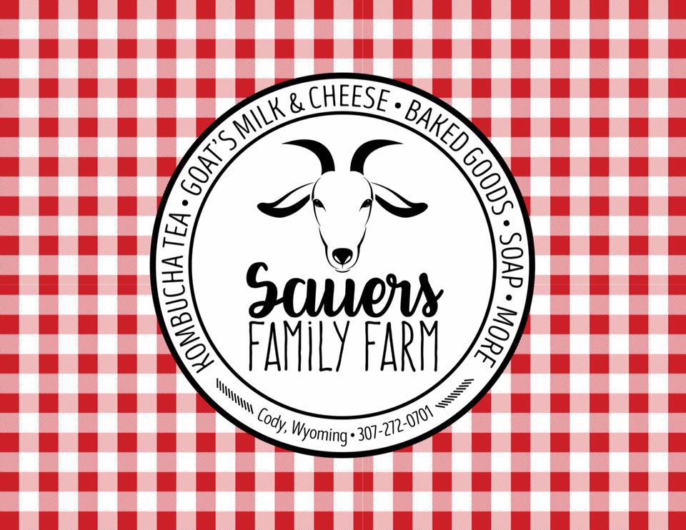 Sauers Family Farm, red checker background with farm logo that has a goat. Farm to table