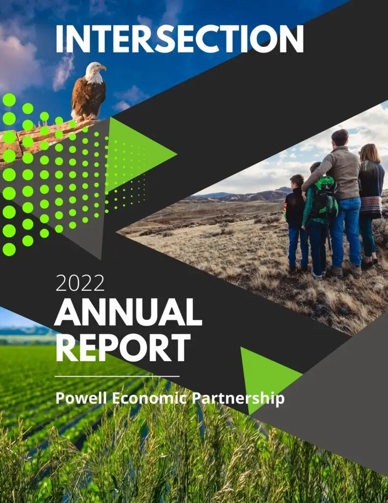 The cover of the 2022 Annual Report published by the Powell Chamber of Commerce, titled Evidence Based Approach featuring a bald eagle; McCoullough Peaks, Wyoming; and a field