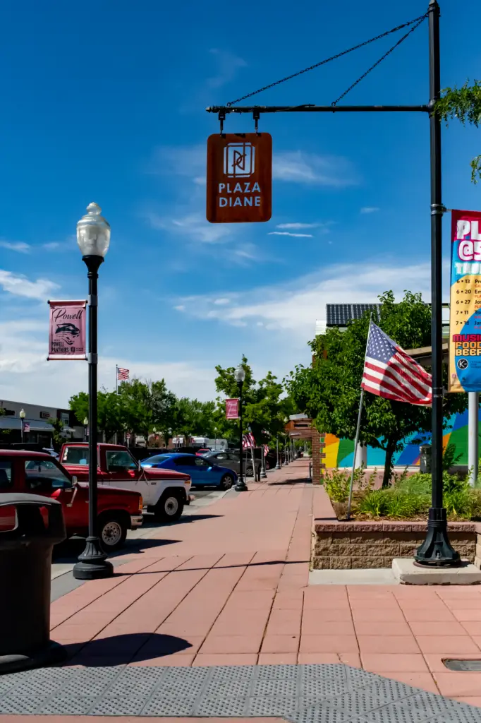 Main Street of Powell, Wyoming featuring Plaza Diane - Community Center for the Arts