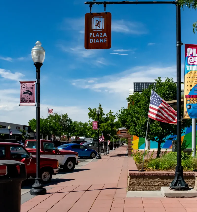 Main Street of Powell, Wyoming featuring Plaza Diane - Community Center for the Arts