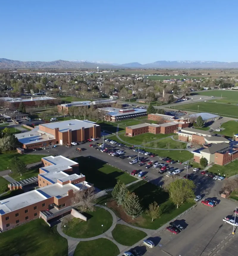 An aerial shot of Northwest College in Powell, Wyoming