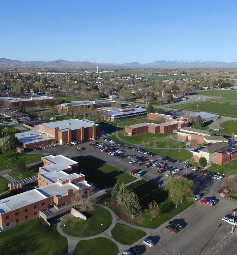 An aerial shot of Northwest College in Powell, Wyoming